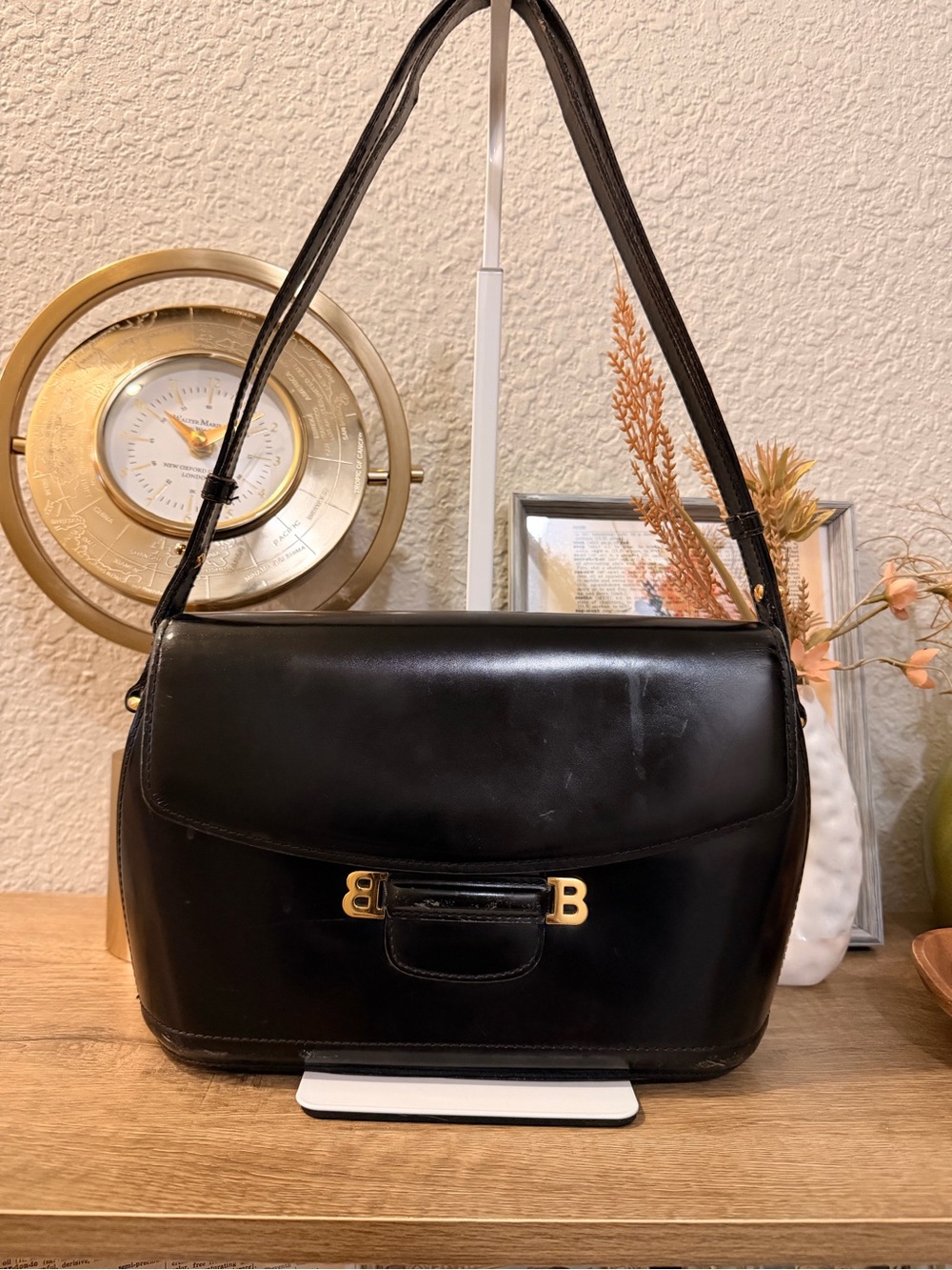Black Bally Leather Shoulder Bag with Gold Hardware